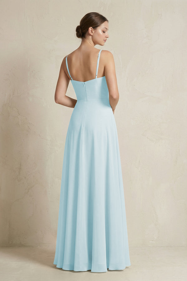 A - Line Ruffled Spaghetti Strap Chiffon Bridesmaid Dress in Sky Blue - SHE IS ME Bridesmaid Dresses