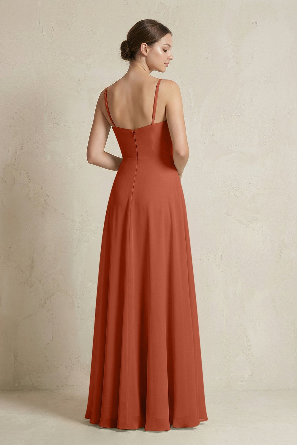 A - Line Ruffled Spaghetti Strap Chiffon Bridesmaid Dress in Spice - SHE IS ME Bridesmaid Dresses