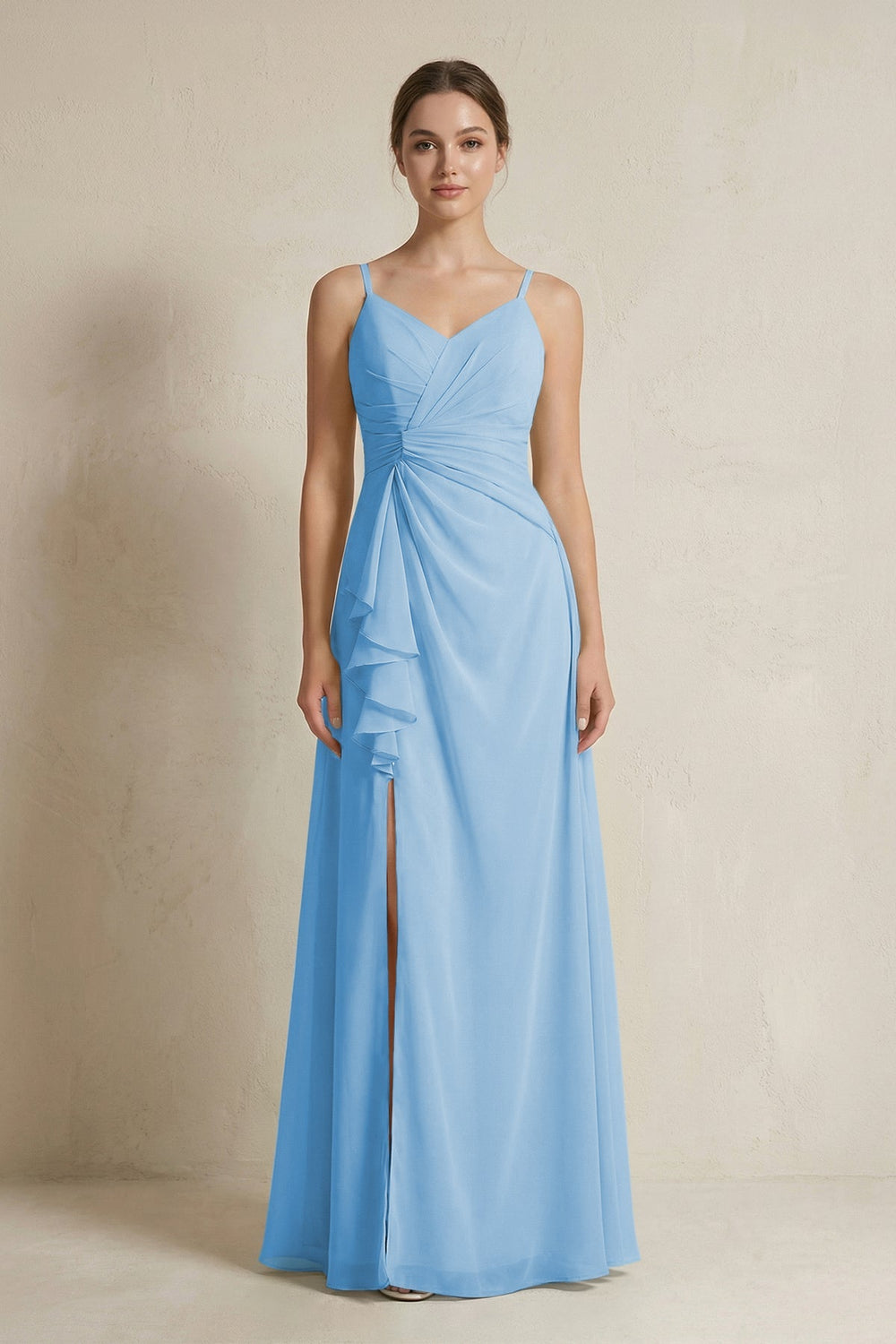 A - Line Ruffled Spaghetti Strap Chiffon Bridesmaid Dress in Steel Blue - SHE IS ME Bridesmaid Dresses