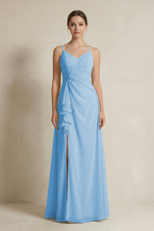 A - Line Ruffled Spaghetti Strap Chiffon Bridesmaid Dress in Steel Blue - SHE IS ME Bridesmaid Dresses