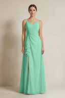 A - Line Ruffled Spaghetti Strap Chiffon Bridesmaid Dress in Turquoise - SHE IS ME Bridesmaid Dresses