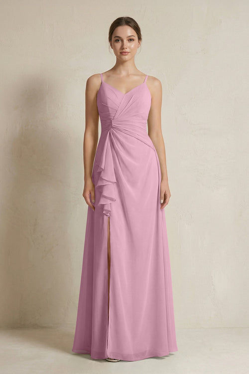 A - Line Ruffled Spaghetti Strap Chiffon Bridesmaid Dress in Vintage Mauve - SHE IS ME Bridesmaid Dresses