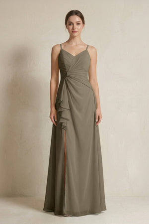 A - Line Ruffled Spaghetti Strap Chiffon Bridesmaid Dress in Willow Green - SHE IS ME Bridesmaid Dresses
