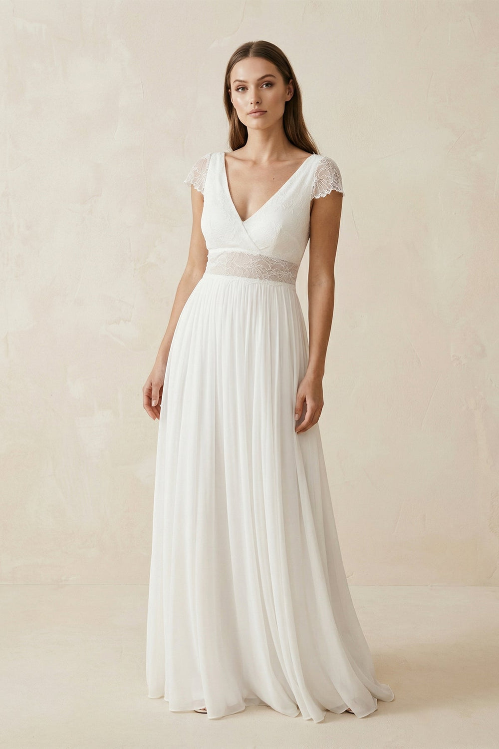 A Line Short Sleeves Chiffon Wedding Dress With Lace in Ivory - SHE IS ME Wedding Dresses
