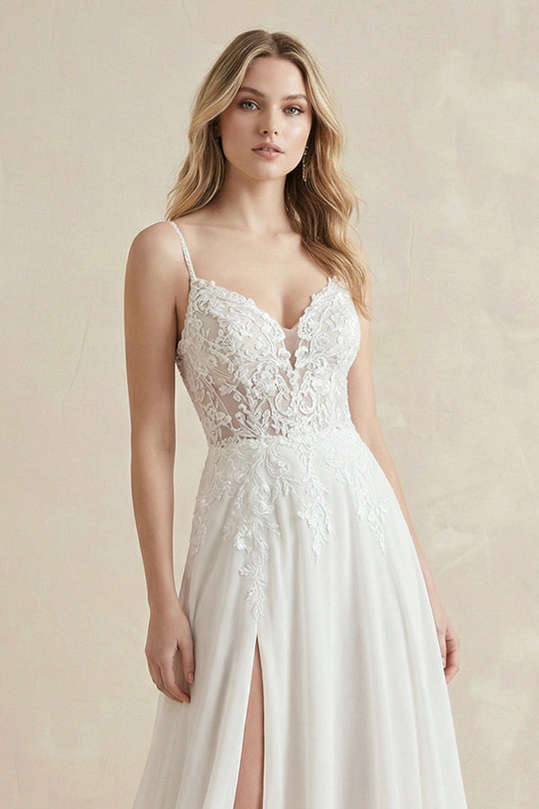 A - Line Spaghetti Straps Chiffon Wedding Dress in White - SHE IS ME Wedding Dresses