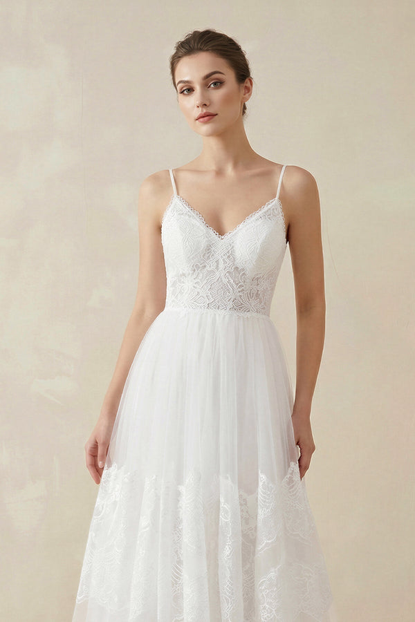 A Line Spaghetti Straps Lace Wedding Dress in White - SHE IS ME Wedding Dresses