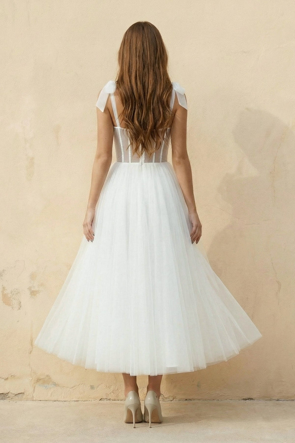 A Line Spaghetti Straps Tulle Wedding Dress in White - SHE IS ME Wedding Dresses