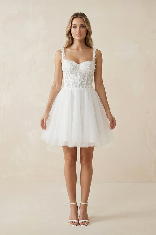 A Line Spaghetti Straps Tulle Wedding Dress With Appliques in White - SHE IS ME Wedding Dresses