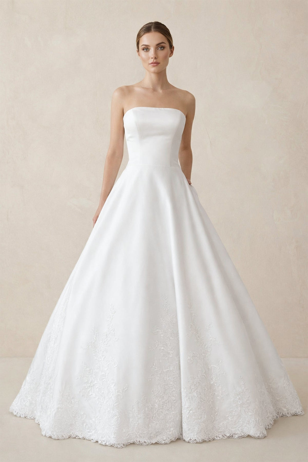 A - Line Strapless Satin Sweep Train Wedding Dresses in White - SHE IS ME Wedding Dresses