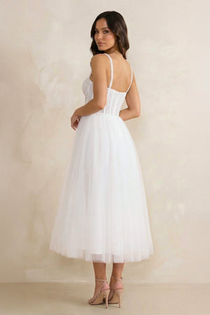 A - Line Sweetheart Satin Wedding Dresses with Ruffles in White - SHE IS ME Wedding Dresses