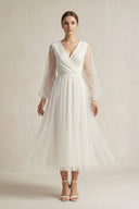 A Line Tulle Long Sleeves Wedding Dress in Ivory - SHE IS ME Wedding Dresses