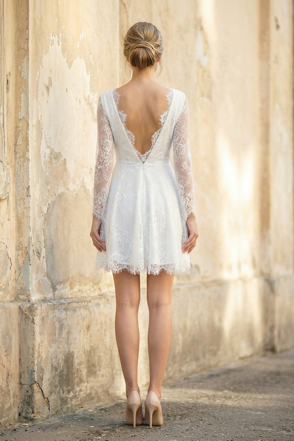 A Line V Neck Long Sleeves Lace Short Wedding Dress in White - SHE IS ME Wedding Dresses