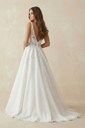 A Line V Neck Satin Wedding Dress With Appliques - SHE IS ME Wedding Dresses