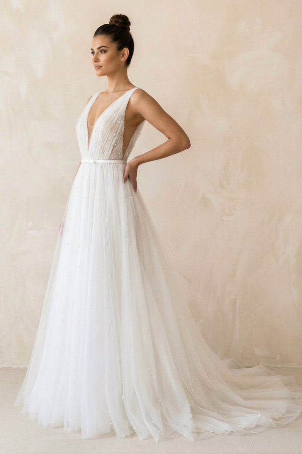 A Line V - Neck Tulle Sleeveless Wedding Dress in White - SHE IS ME Wedding Dresses