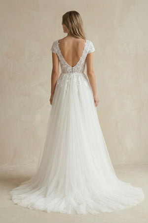 A Line V Neck Tulle Wedding Dress With Appliques - SHE IS ME Wedding Dresses