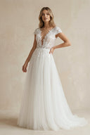 A Line V Neck Tulle Wedding Dress With Appliques - SHE IS ME Wedding Dresses