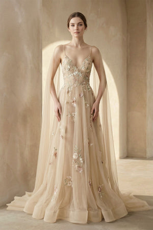 A - line V Neck Tulle Wedding Dresses With 3D Flower - SHE IS ME Wedding Dresses