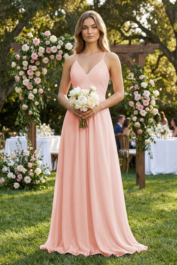 Cami Strap A - Line Chiffon Pleated Bridesmaid Dress in Rose Petal - SHE IS ME Bridesmaid Dresses