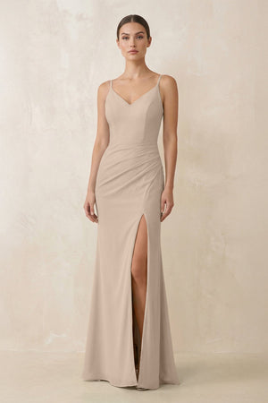 Cami Strap Chiffon Sheath Bridesmaid Gown in Almond - SHE IS ME Bridesmaid Dresses