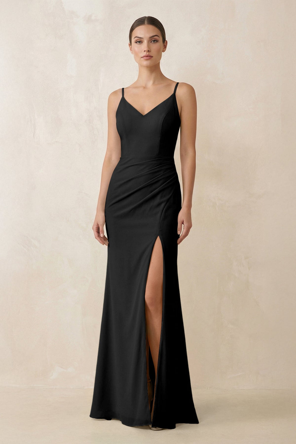Cami Strap Chiffon Sheath Bridesmaid Gown in Black - SHE IS ME Bridesmaid Dresses