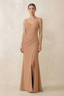 Cami Strap Chiffon Sheath Bridesmaid Gown in Bronzer - SHE IS ME Bridesmaid Dresses
