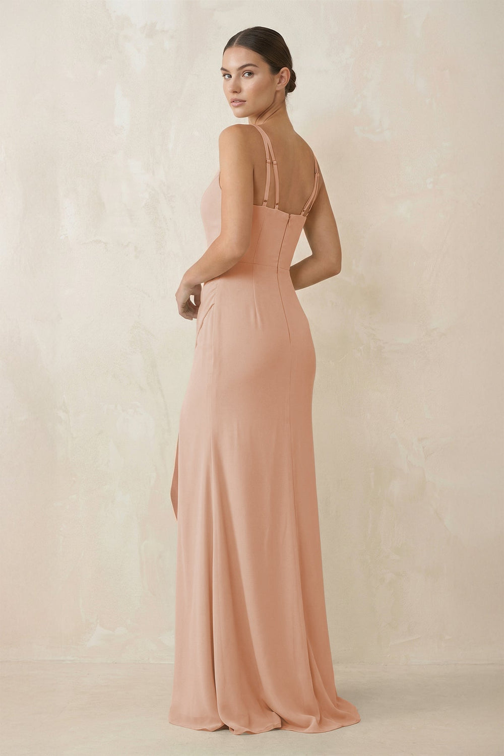 Cami Strap Chiffon Sheath Bridesmaid Gown in Champagne Rose - SHE IS ME Bridesmaid Dresses