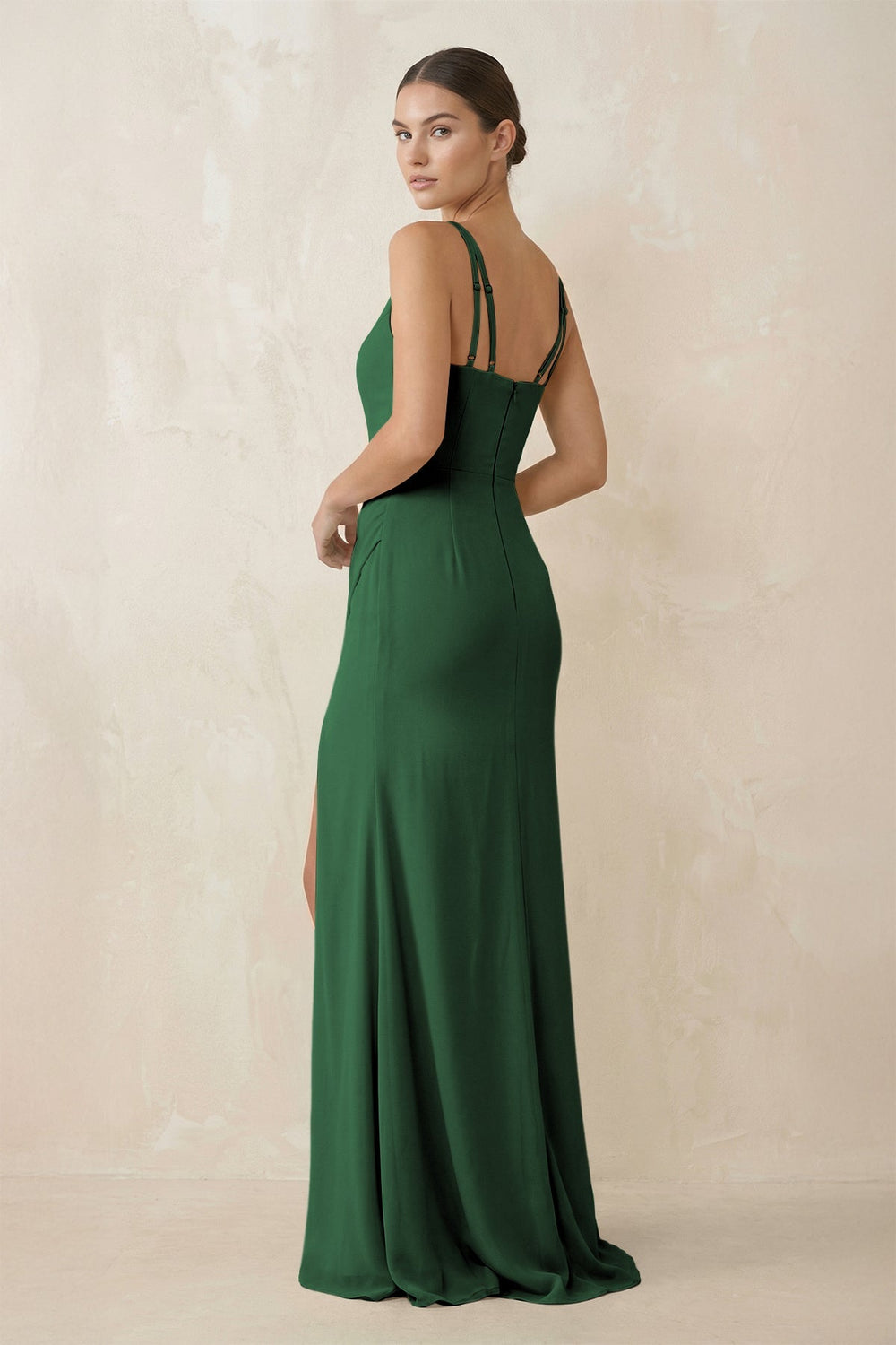 Cami Strap Chiffon Sheath Bridesmaid Gown in Dark Green - SHE IS ME Bridesmaid Dresses