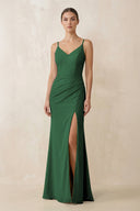 Cami Strap Chiffon Sheath Bridesmaid Gown in Dark Green - SHE IS ME Bridesmaid Dresses