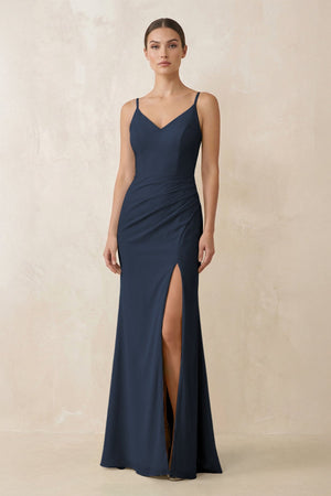 Cami Strap Chiffon Sheath Bridesmaid Gown in Dark Navy - SHE IS ME Bridesmaid Dresses