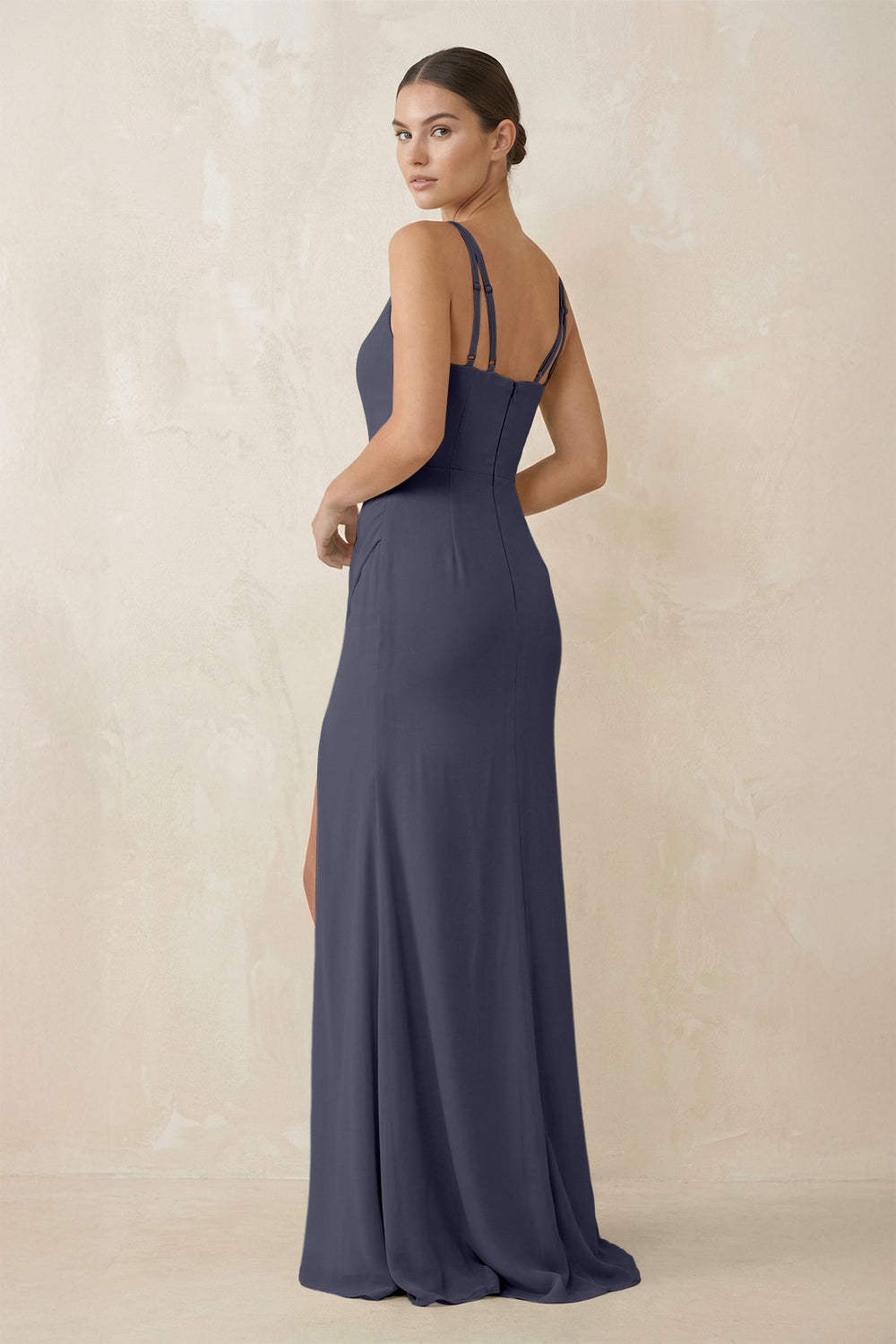 Cami Strap Chiffon Sheath Bridesmaid Gown in Dusk Blue - SHE IS ME Bridesmaid Dresses