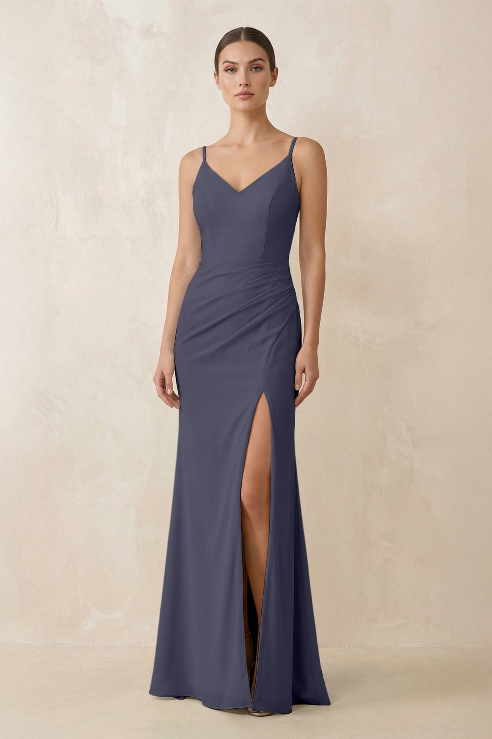Cami Strap Chiffon Sheath Bridesmaid Gown in Dusk Blue - SHE IS ME Bridesmaid Dresses