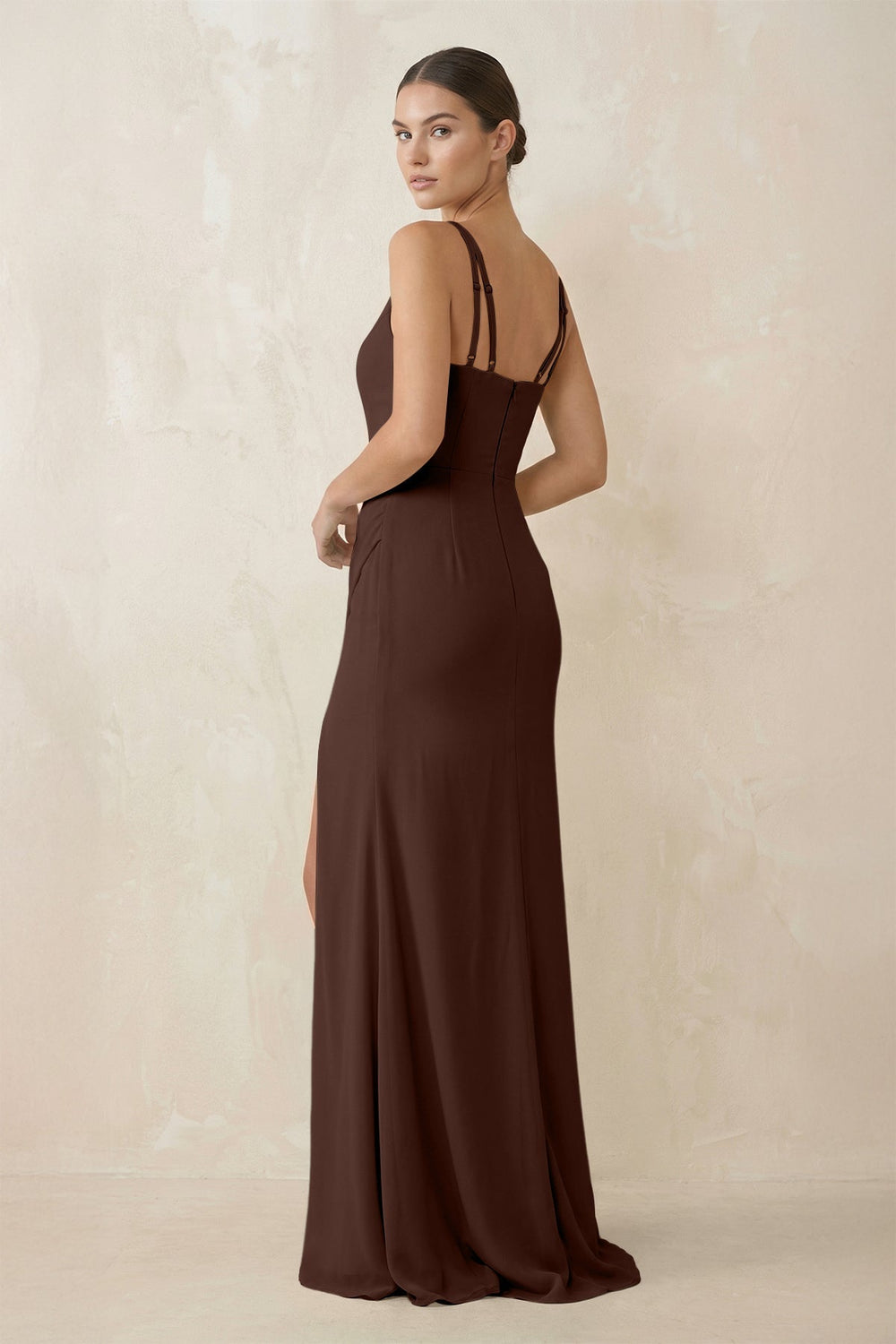 Cami Strap Chiffon Sheath Bridesmaid Gown in Espresso - SHE IS ME Bridesmaid Dresses