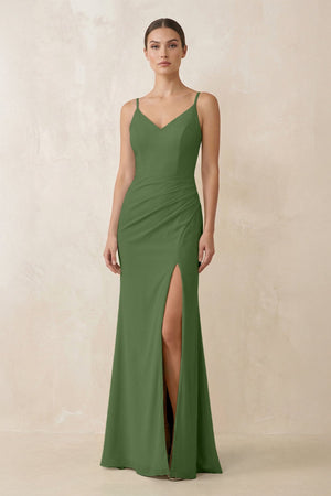 Cami Strap Chiffon Sheath Bridesmaid Gown in Moss - SHE IS ME Bridesmaid Dresses