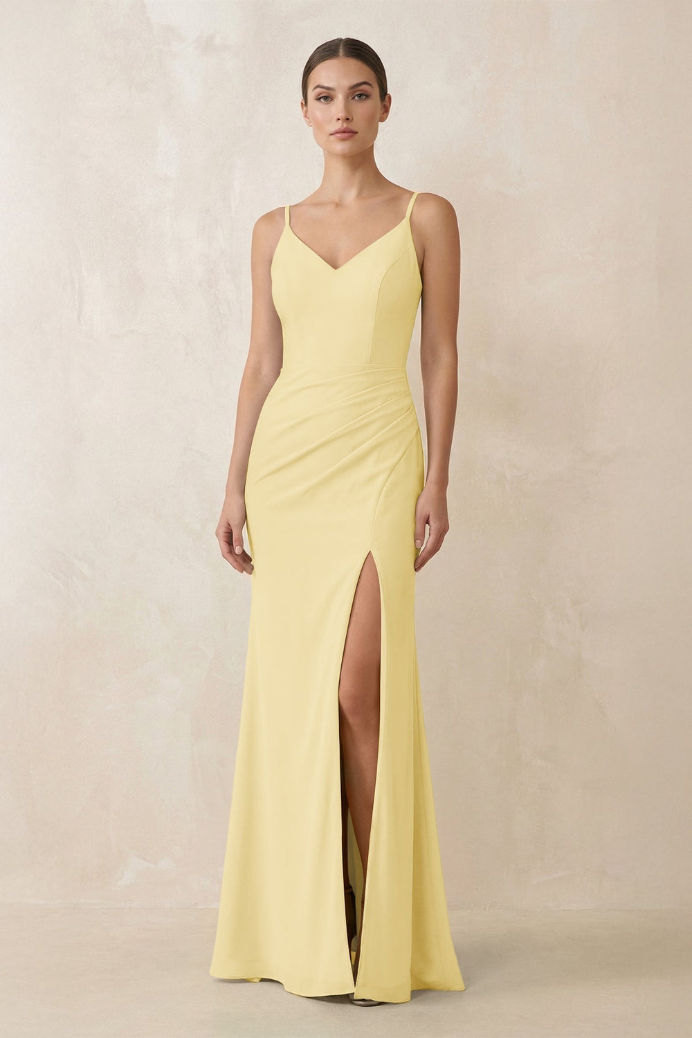 Cami Strap Chiffon Sheath Bridesmaid Gown in Pastel Yellow - SHE IS ME Bridesmaid Dresses