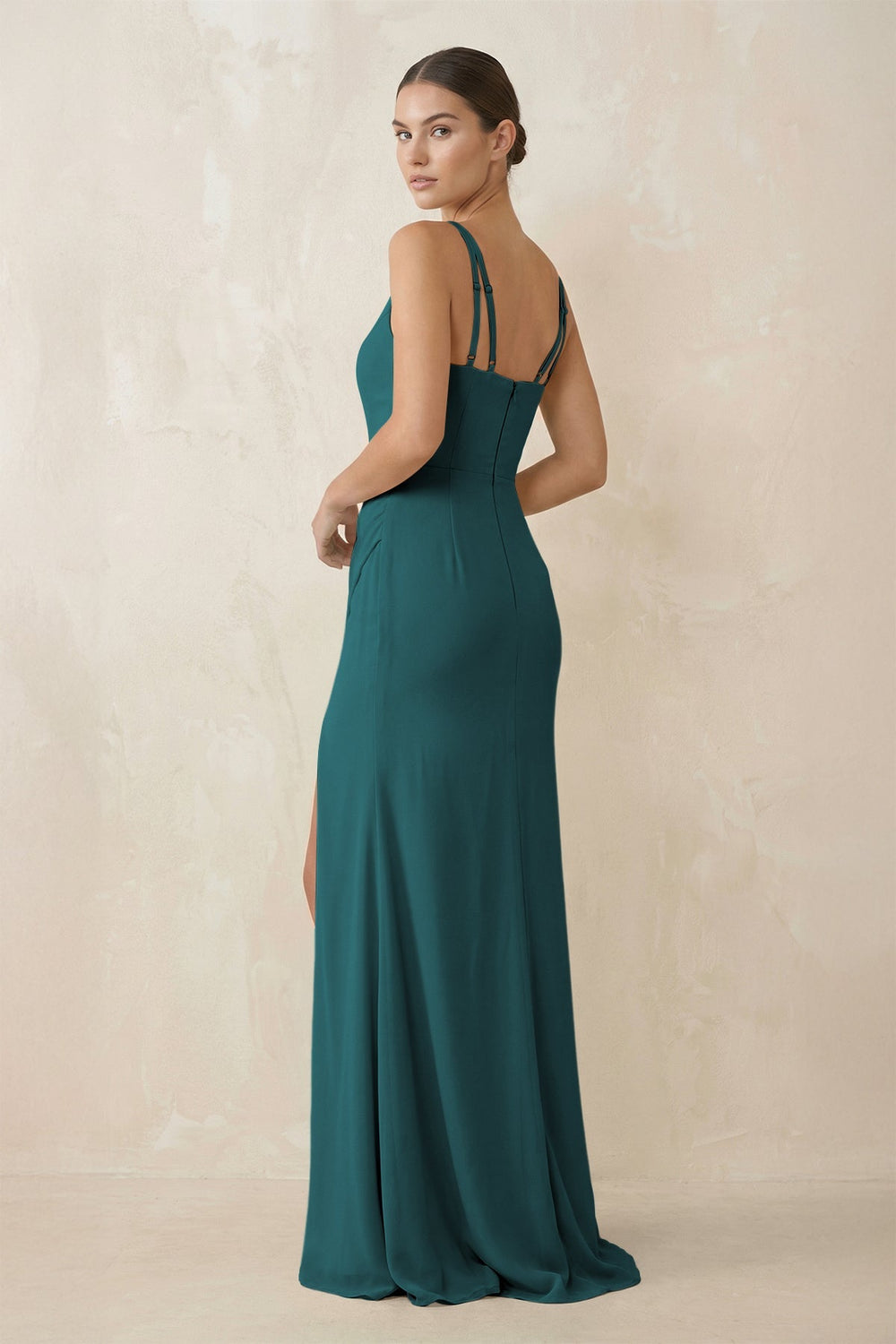 Cami Strap Chiffon Sheath Bridesmaid Gown in Pine - SHE IS ME Bridesmaid Dresses