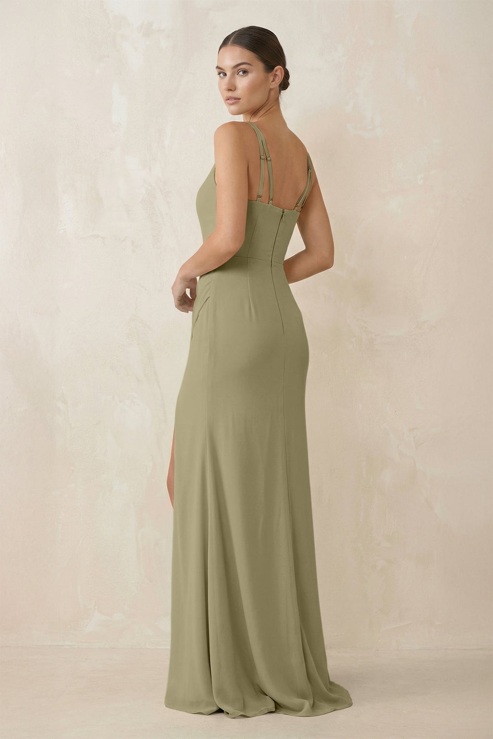 Cami Strap Chiffon Sheath Bridesmaid Gown in Thyme - SHE IS ME Bridesmaid Dresses