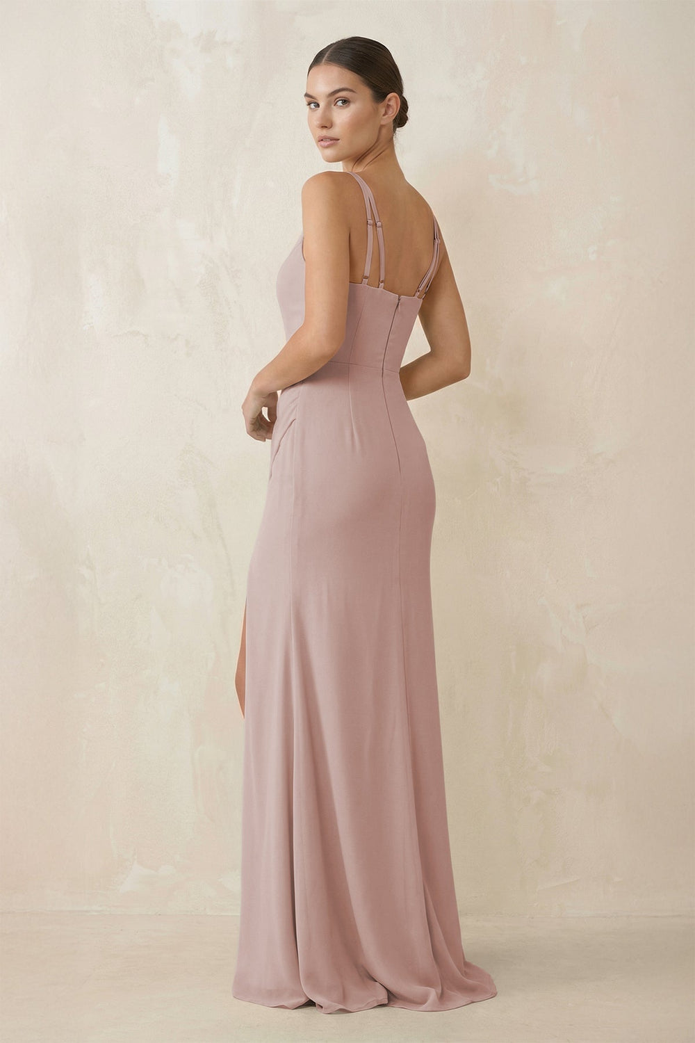 Cami Strap Chiffon Sheath Bridesmaid Gown in Toffee - SHE IS ME Bridesmaid Dresses