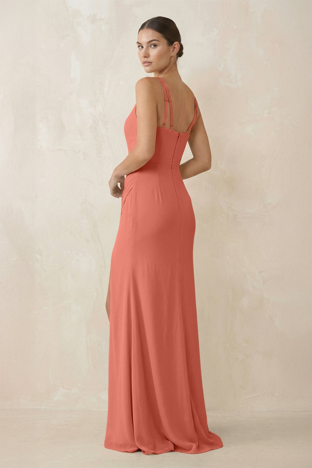 Cami Strap Chiffon Sheath Bridesmaid Gown in Wild Rose - SHE IS ME Bridesmaid Dresses
