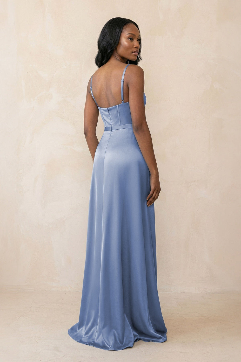 Cami Strap Corset Satin Sheath Bridesmaid Dress in Mist - SHE IS ME Bridesmaid Dresses