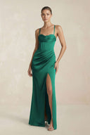 Cami Strap Corset Sheath Satin Ruched Bridesmaid Dress in Dark Green - SHE IS ME Bridesmaid Dresses