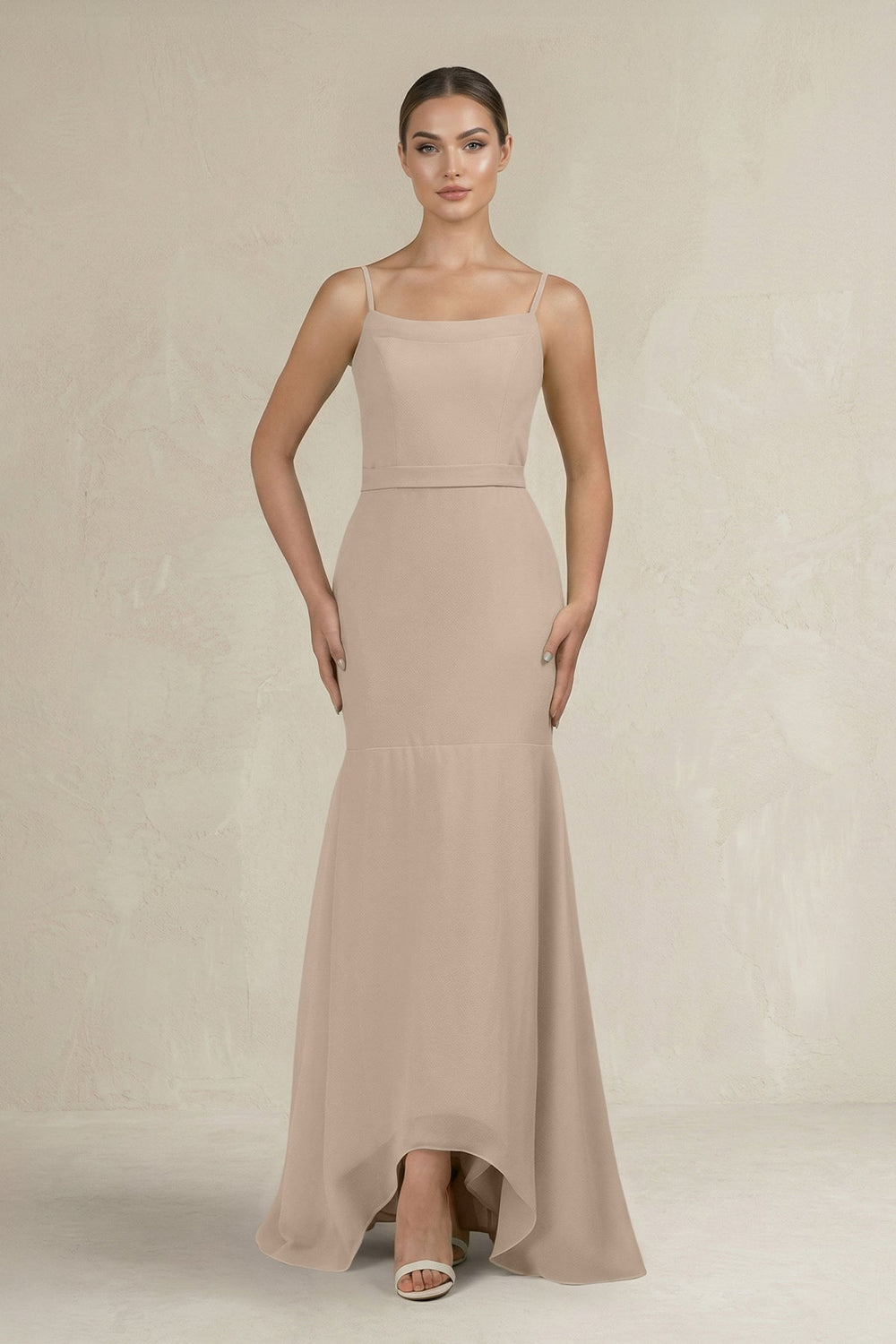Cami Strap Mermaid Ruffled Chiffon Bridesmaid Dress in Almond - SHE IS ME Bridesmaid Dresses