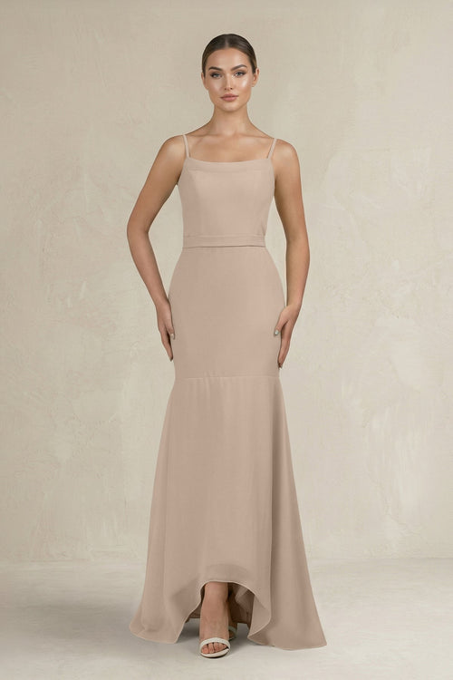 Cami Strap Mermaid Ruffled Chiffon Bridesmaid Dress in Almond - SHE IS ME Bridesmaid Dresses