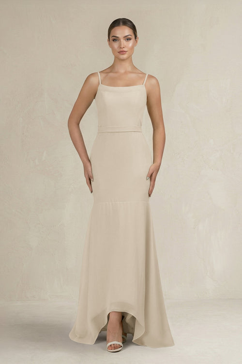 Cami Strap Mermaid Ruffled Chiffon Bridesmaid Dress in Champagne - SHE IS ME Bridesmaid Dresses