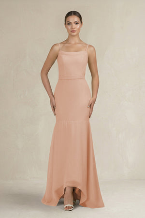 Cami Strap Mermaid Ruffled Chiffon Bridesmaid Dress in Champagne Rose - SHE IS ME Bridesmaid Dresses