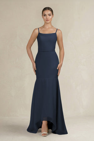 Cami Strap Mermaid Ruffled Chiffon Bridesmaid Dress in Dark Navy - SHE IS ME Bridesmaid Dresses