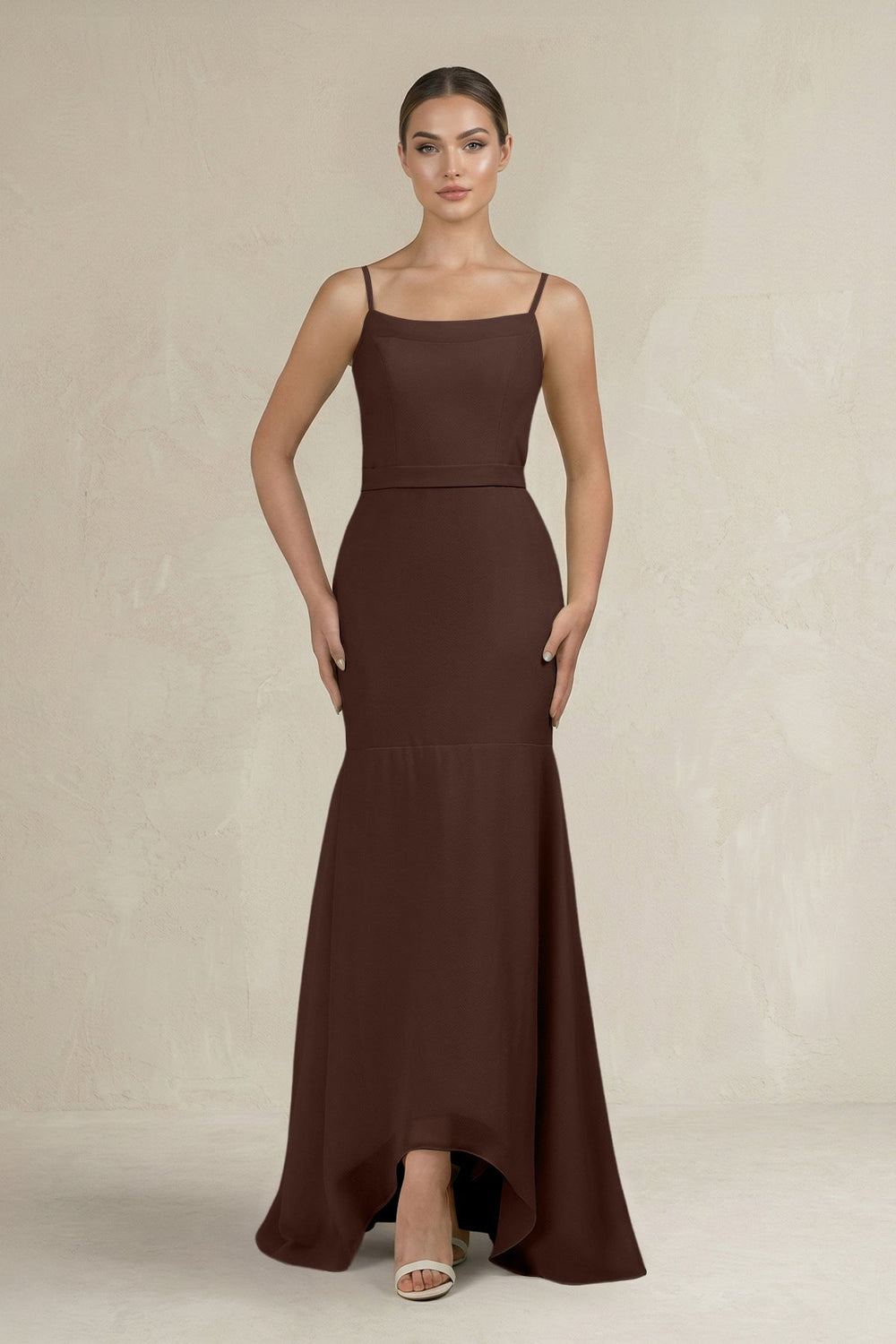 Cami Strap Mermaid Ruffled Chiffon Bridesmaid Dress in Espresso - SHE IS ME Bridesmaid Dresses