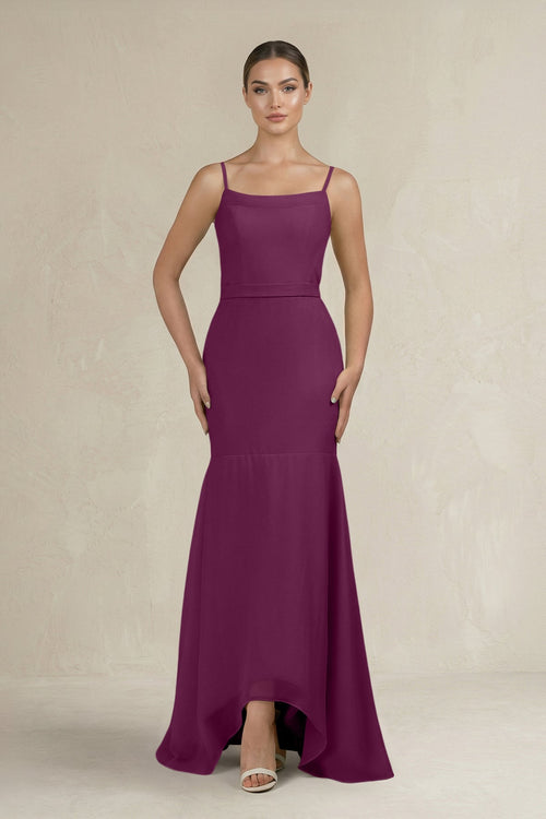 Cami Strap Mermaid Ruffled Chiffon Bridesmaid Dress in Fig - SHE IS ME Bridesmaid Dresses