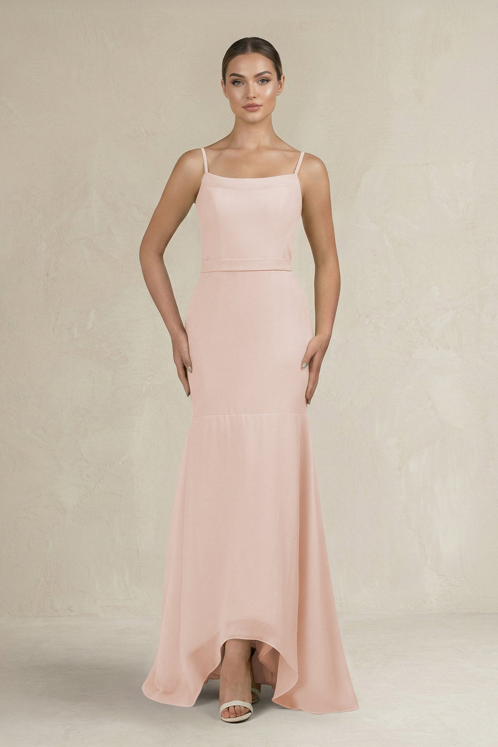Cami Strap Mermaid Ruffled Chiffon Bridesmaid Dress in Pale Blush - SHE IS ME Bridesmaid Dresses