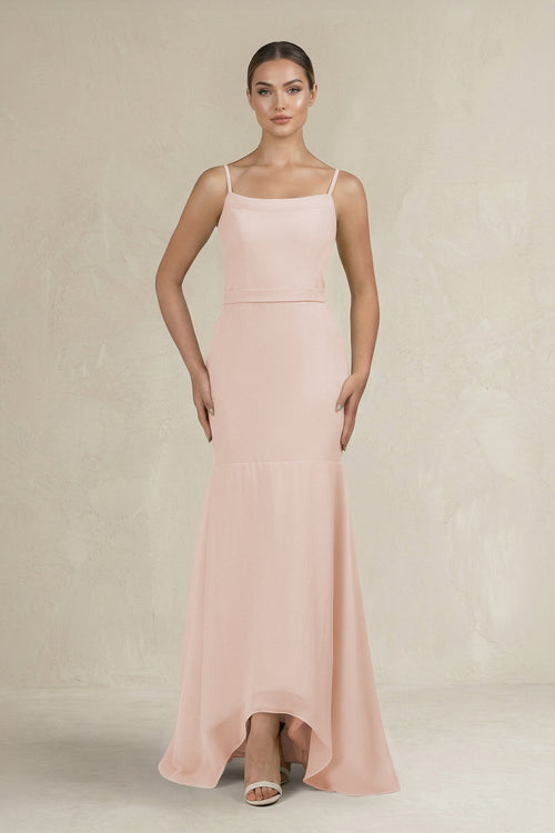 Cami Strap Mermaid Ruffled Chiffon Bridesmaid Dress in Pale Blush - SHE IS ME Bridesmaid Dresses