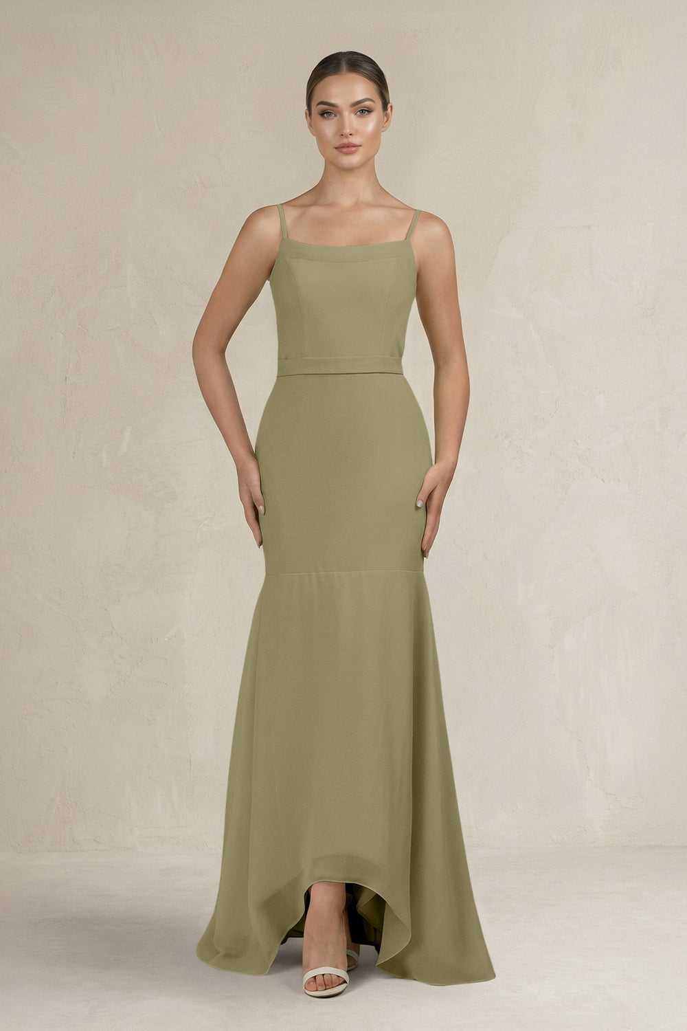 Cami Strap Mermaid Ruffled Chiffon Bridesmaid Dress in Thyme - SHE IS ME Bridesmaid Dresses